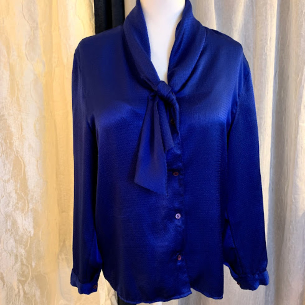 Vintage Royal Blue Blouse with Jabot Scarf